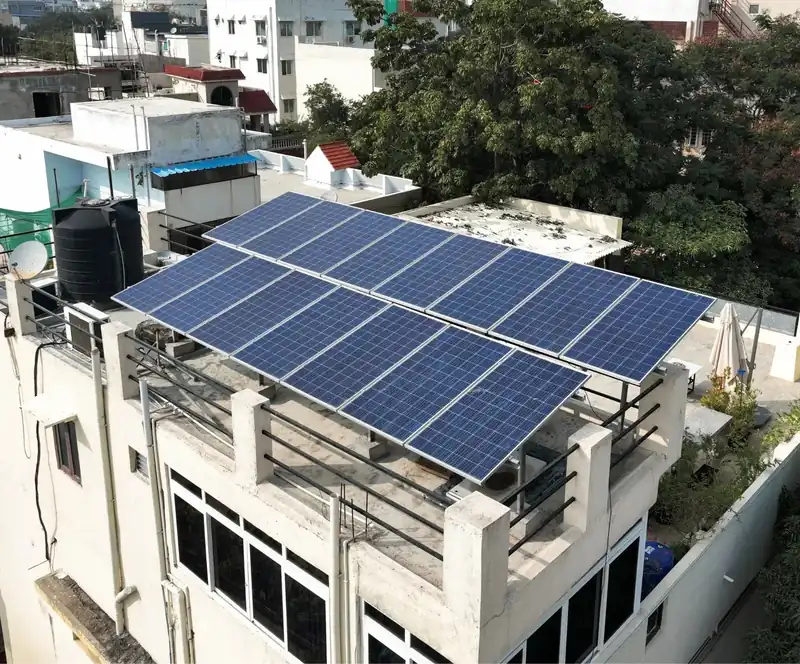 Rooftop solar panels on a multi-storey home